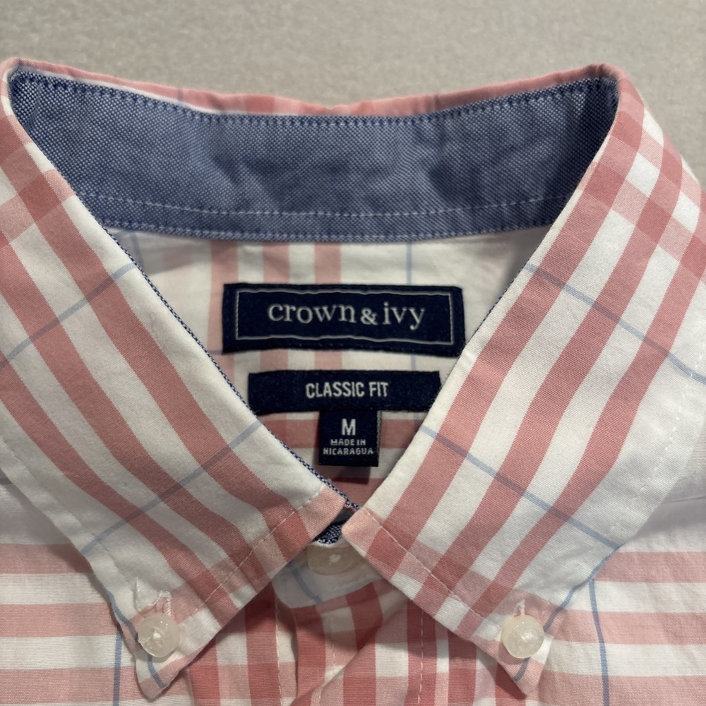 NWT Crown & Ivy MEDIUM PINK Plaid Classic Fit MOTION FLEX Button Down STRETCH - Picture 3 of 8